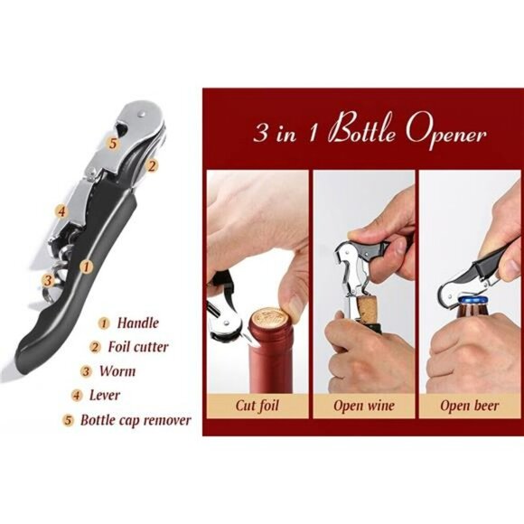Wine Bottle Opener Set Corkscrew Foil Cutter Beer Opener Bartender Tool 4 Pack - Picture 5 of 8